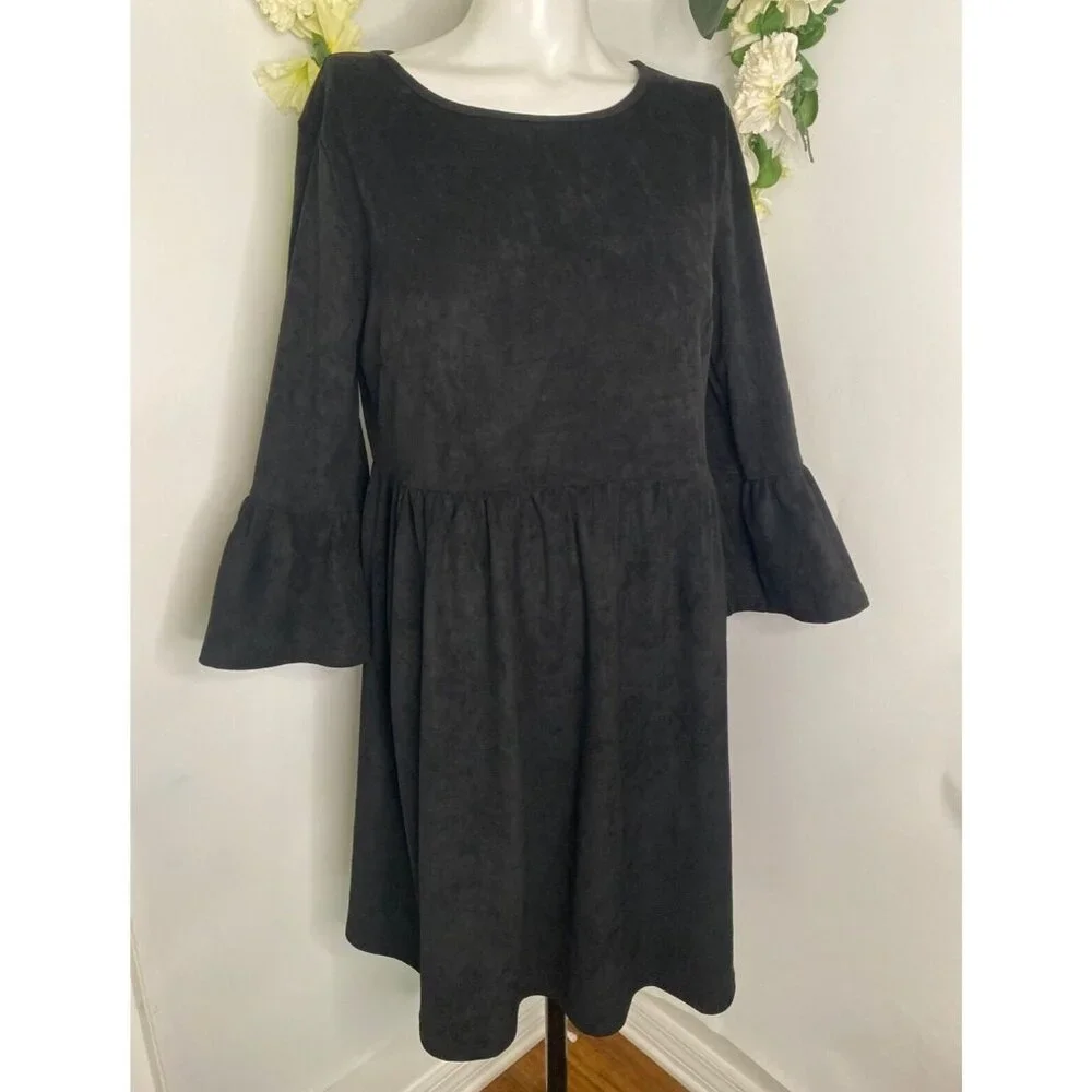 Vintage Axyeh Velvet Velour Black Tulip Bell Sleeve A-Line Mini Tunic Dress Sz S